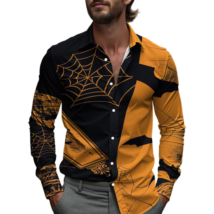 Men’s Full Size Halloween Print Long Sleeve Button-Down Shirt Plus Black / S Apparel and Accessories