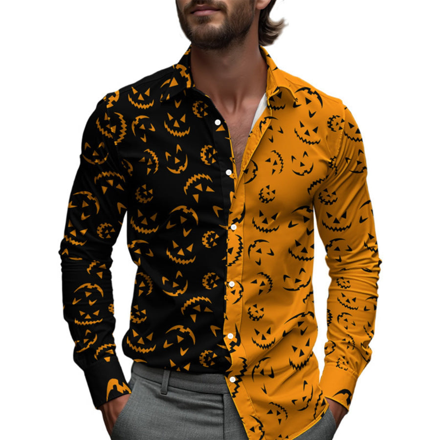Men’s Full Size Halloween Print Long Sleeve Button-Down Shirt Plus Gold / S Apparel and Accessories