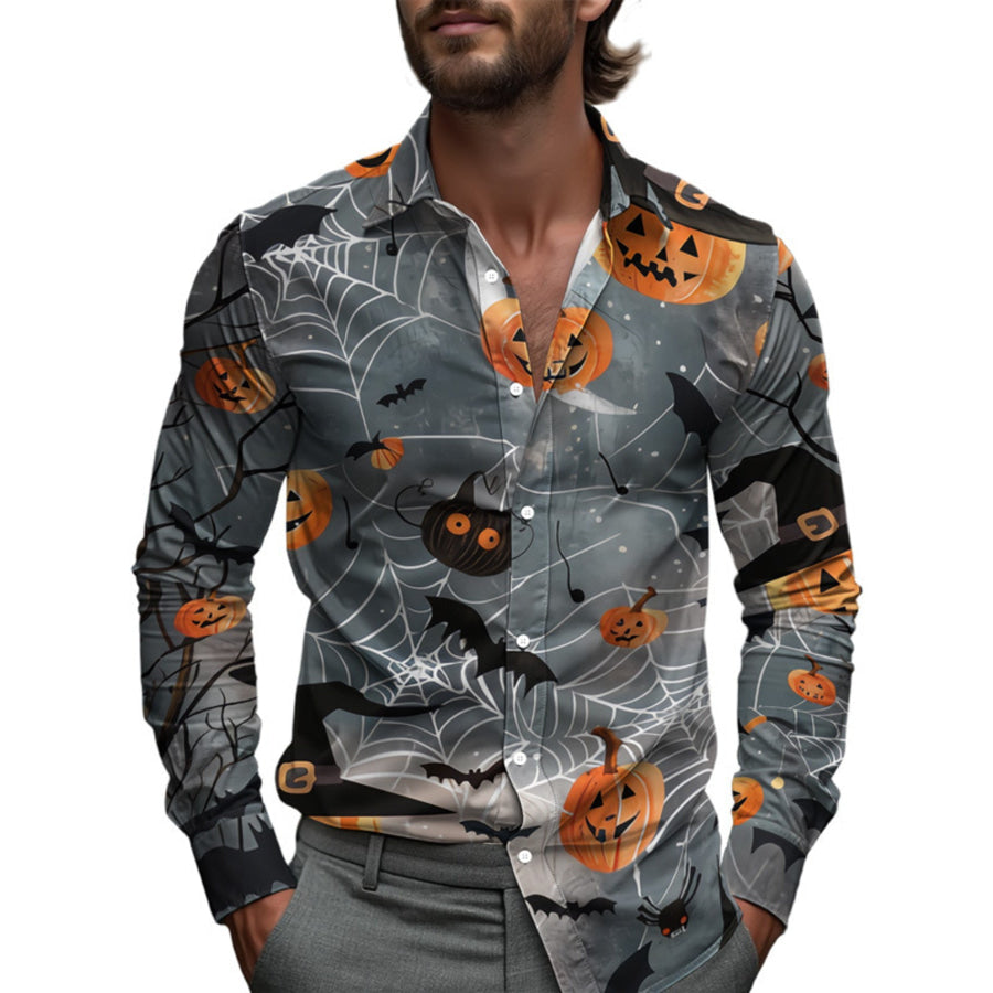 Men’s Full Size Halloween Print Long Sleeve Button-Down Shirt Plus Gray / S Apparel and Accessories