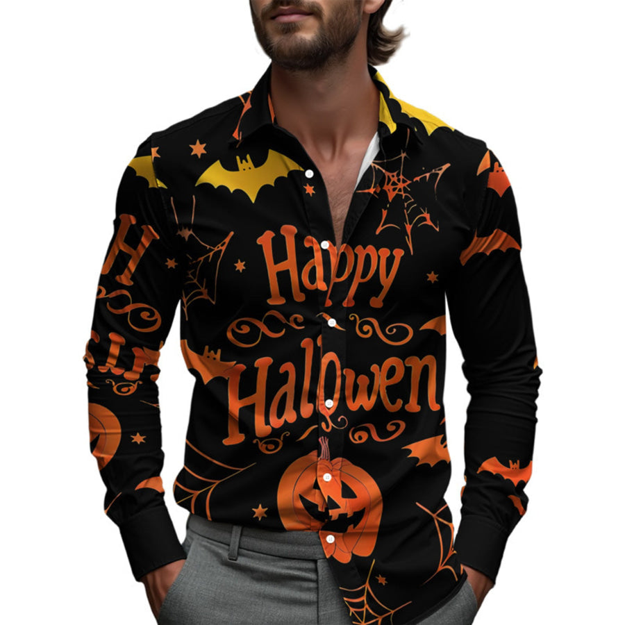 Men’s Full Size Halloween Print Long Sleeve Button-Down Shirt Plus Orange / S Apparel and Accessories