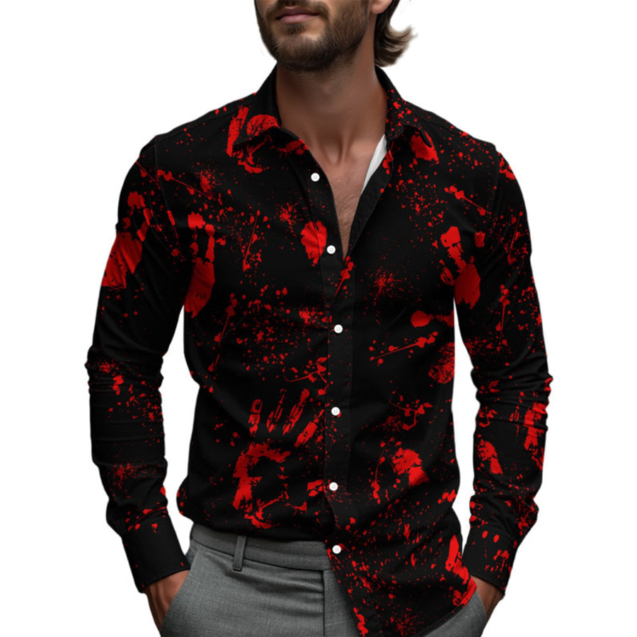 Men’s Full Size Halloween Print Long Sleeve Button-Down Shirt Plus Scarlet / S Apparel and Accessories