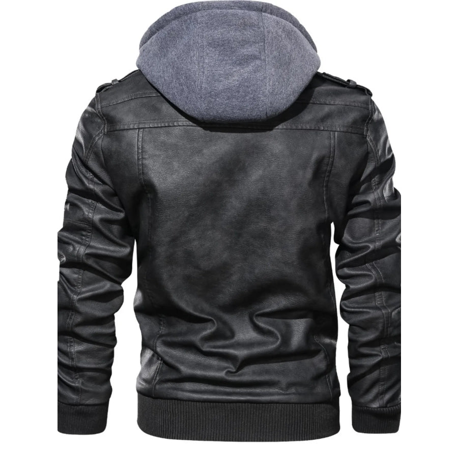 Men’s Full Size Hooded Faux Leather Motorcycle Jacket Plus Size Apparel and Accessories