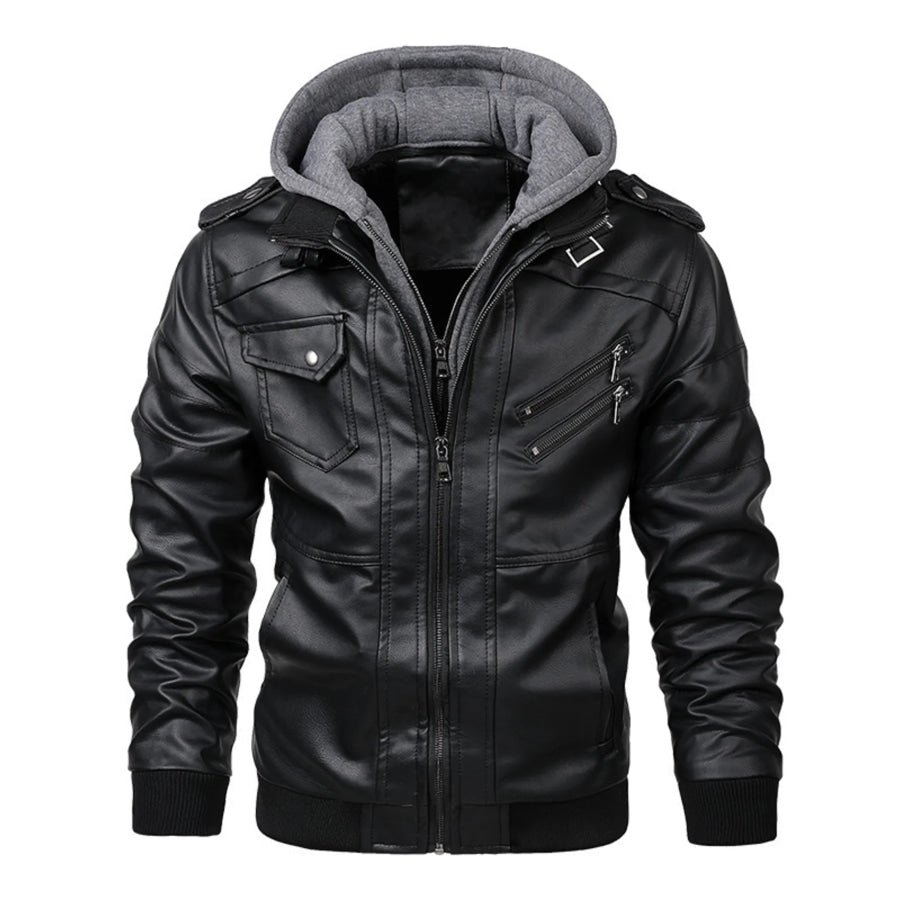 Men’s Full Size Hooded Faux Leather Motorcycle Jacket Plus Size Apparel and Accessories