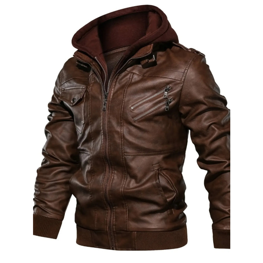 Men’s Full Size Hooded Faux Leather Motorcycle Jacket Plus Size Apparel and Accessories