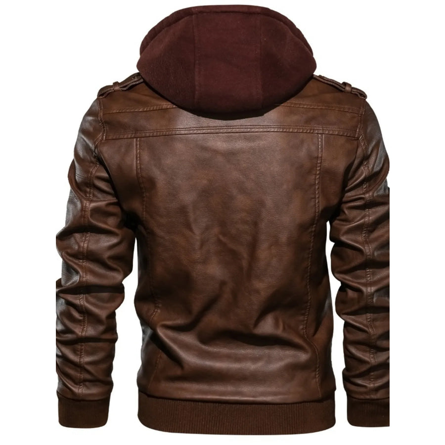 Men’s Full Size Hooded Faux Leather Motorcycle Jacket Plus Size Apparel and Accessories