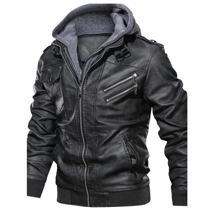Men’s Full Size Hooded Faux Leather Motorcycle Jacket Plus Size Black / S Apparel and Accessories