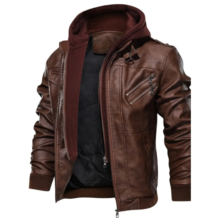 Men’s Full Size Hooded Faux Leather Motorcycle Jacket Plus Size Brown / S Apparel and Accessories