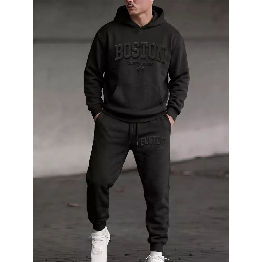 Men’s Full Size Kangaroo Pocket Hoodie and Pants Set Plus Size Black / S Apparel and Accessories