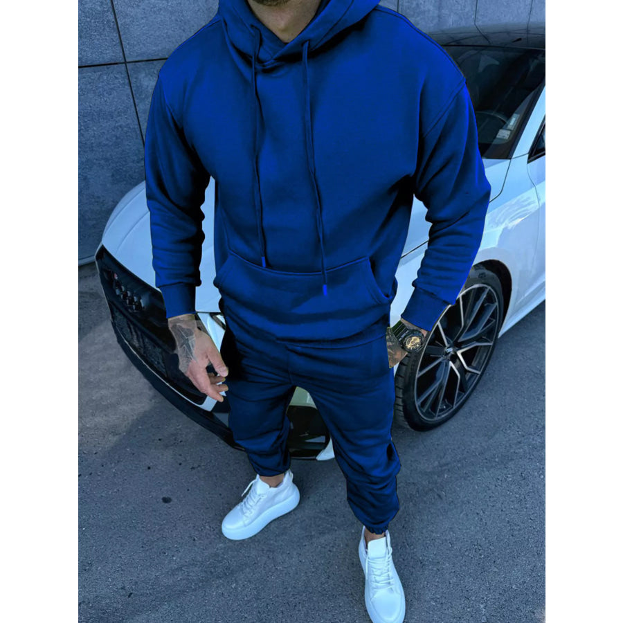 Men’s Full Size Kangaroo Pocket Hoodie and Pants Set Plus Size Yellow / S Apparel and Accessories