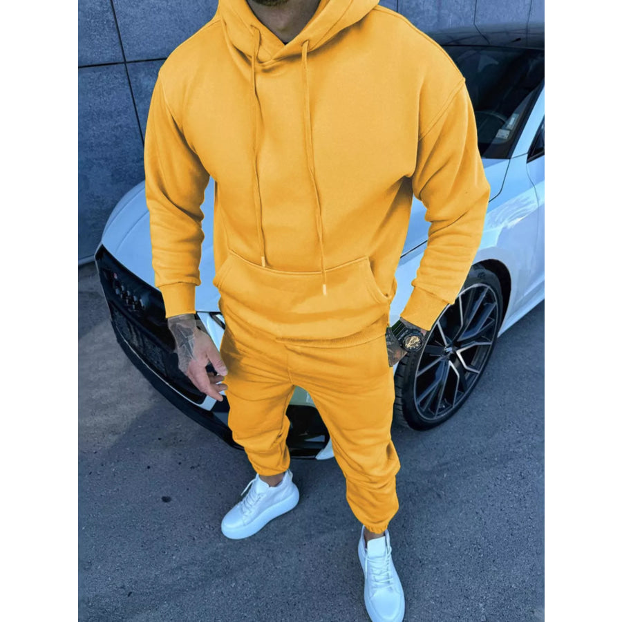 Men’s Full Size Kangaroo Pocket Hoodie and Pants Set Plus Size Yellow / S Apparel and Accessories