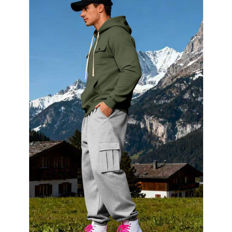 Men’s Full Size Kangaroo Pocket Hoodie and Sweatpants Two-Piece Set Plus Apparel Accessories