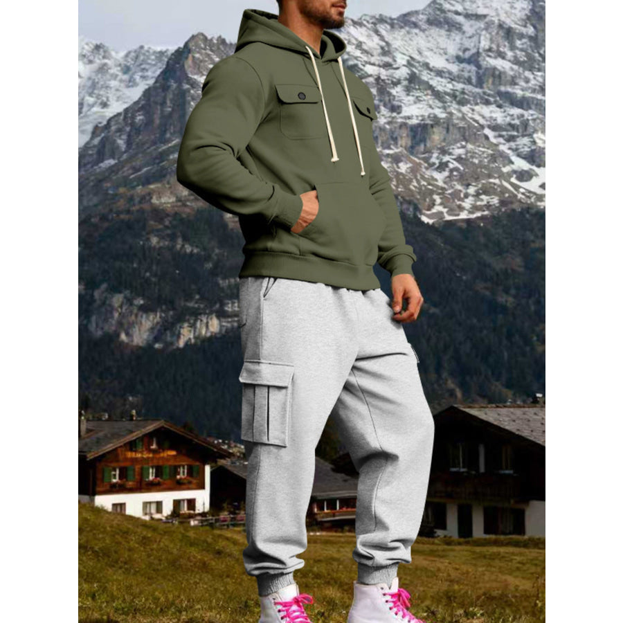 Men’s Full Size Kangaroo Pocket Hoodie and Sweatpants Two-Piece Set Plus Army Green / S Apparel Accessories