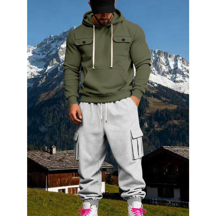 Men’s Full Size Kangaroo Pocket Hoodie and Sweatpants Two-Piece Set Plus Army Green / S Apparel Accessories