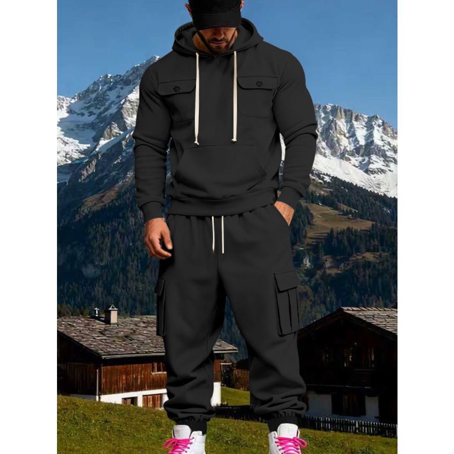 Men’s Full Size Kangaroo Pocket Hoodie and Sweatpants Two-Piece Set Plus Black / S Apparel Accessories