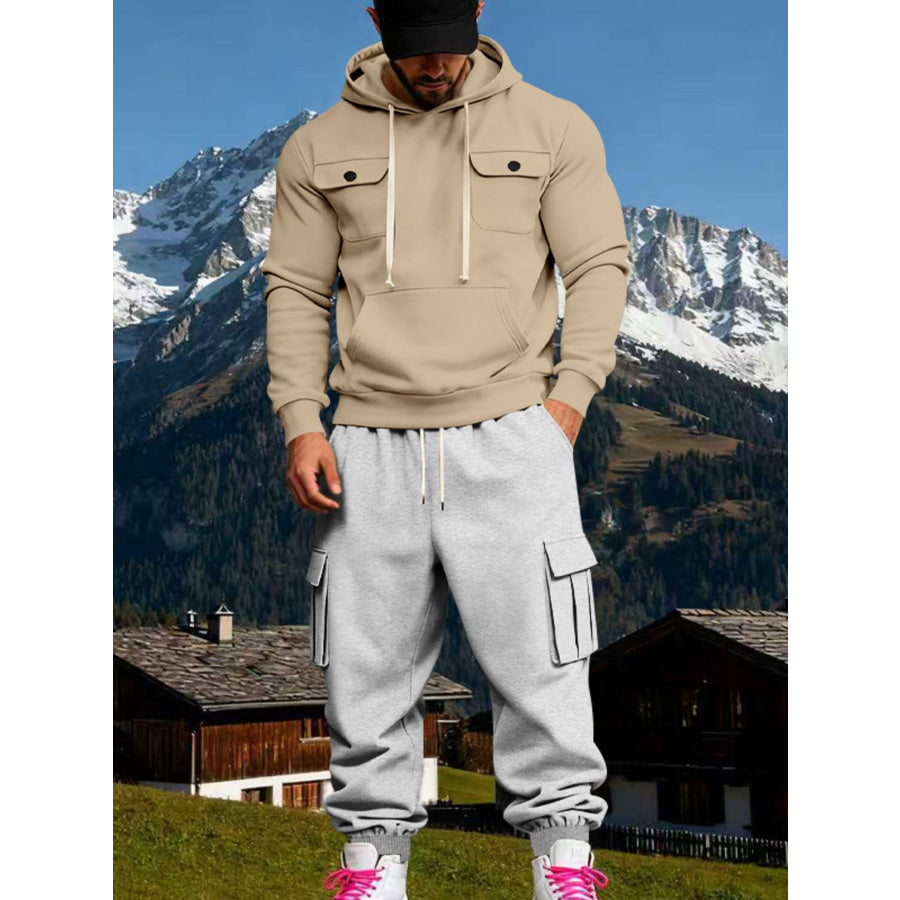 Men’s Full Size Kangaroo Pocket Hoodie and Sweatpants Two-Piece Set Plus Tan / S Apparel Accessories