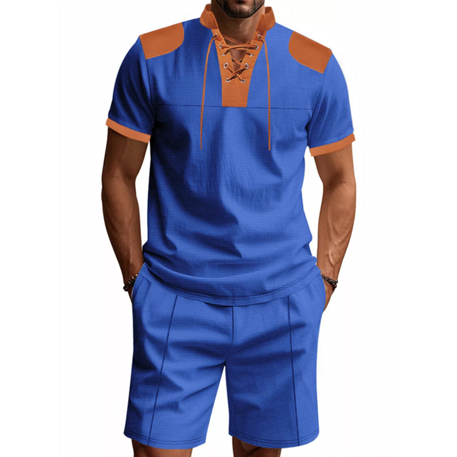 Men’s Full Size Lace-Up Collar Casual Top and Shorts Set Plus Size Apparel and Accessories