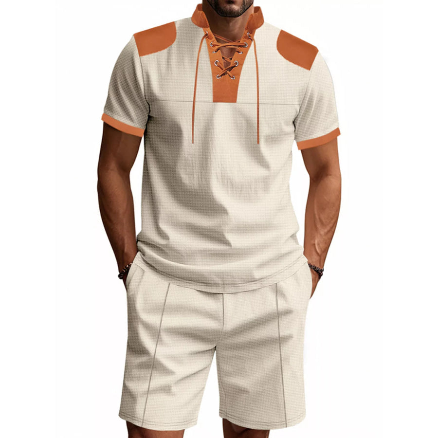 Men’s Full Size Lace-Up Collar Casual Top and Shorts Set Plus Size Apparel and Accessories