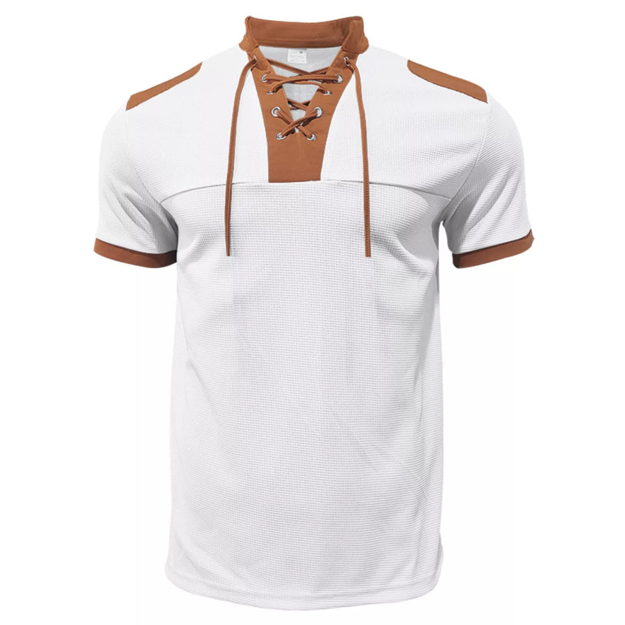Men’s Full Size Lace-Up Collar Casual Top and Shorts Set Plus Size Apparel and Accessories