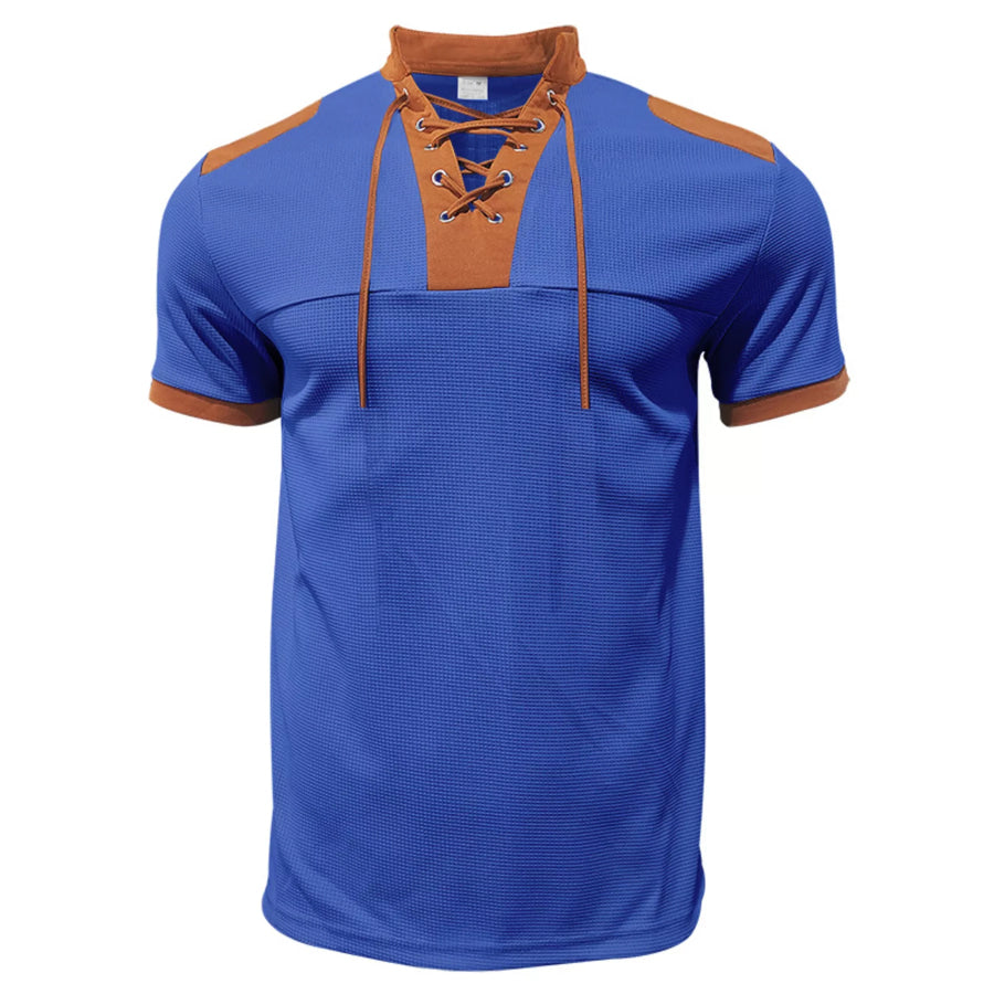 Men’s Full Size Lace-Up Collar Casual Top and Shorts Set Plus Size Apparel and Accessories