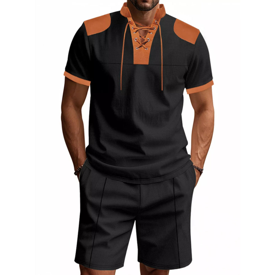 Men’s Full Size Lace-Up Collar Casual Top and Shorts Set Plus Size Apparel and Accessories
