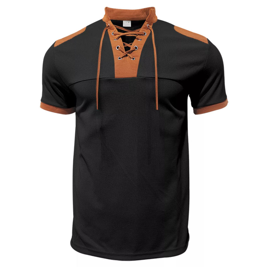 Men’s Full Size Lace-Up Collar Casual Top and Shorts Set Plus Size Apparel and Accessories
