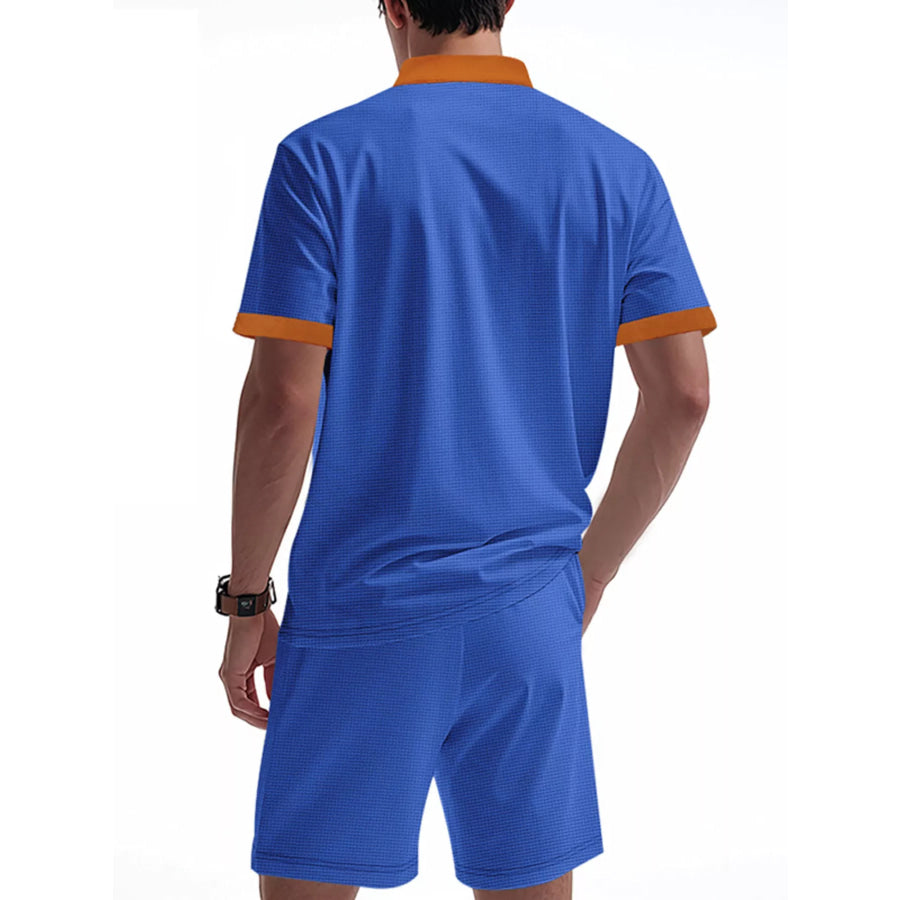 Men’s Full Size Lace-Up Collar Casual Top and Shorts Set Plus Size Apparel and Accessories