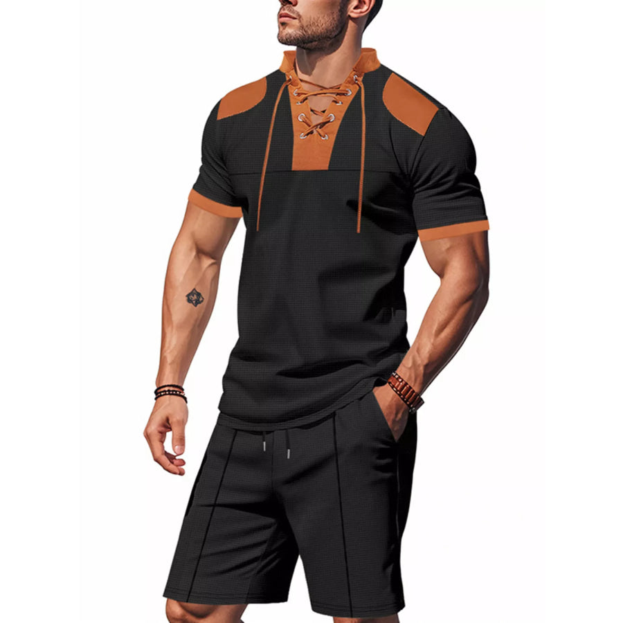 Men’s Full Size Lace-Up Collar Casual Top and Shorts Set Plus Size Black / S Apparel and Accessories