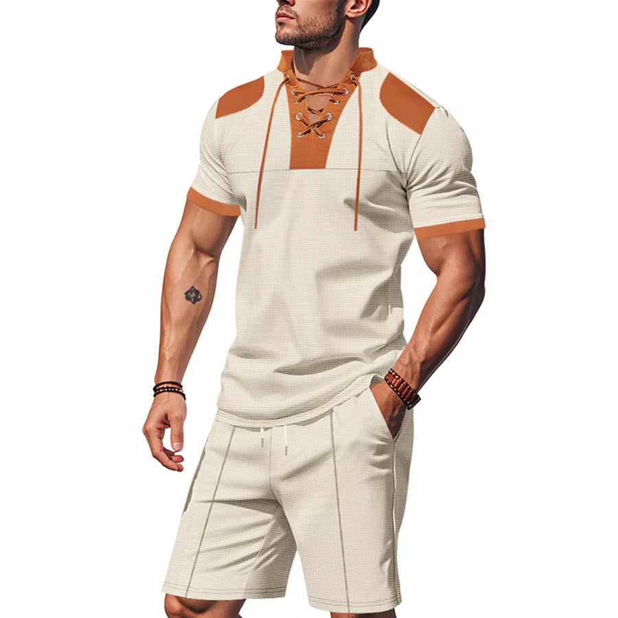 Men’s Full Size Lace-Up Collar Casual Top and Shorts Set Plus Size Khaki / S Apparel and Accessories