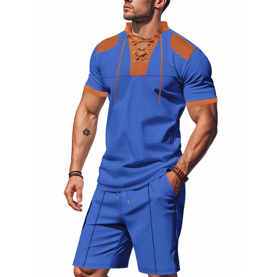 Men’s Full Size Lace-Up Collar Casual Top and Shorts Set Plus Size Sapphire Blue / S Apparel and Accessories