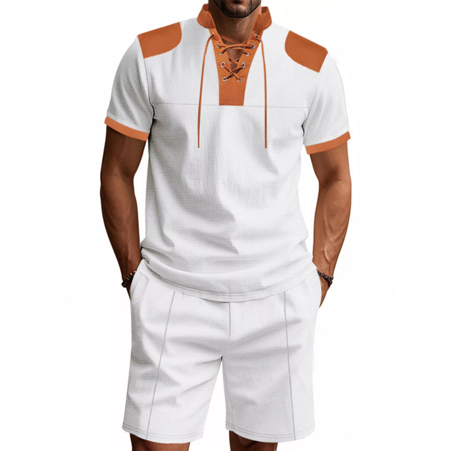 Men’s Full Size Lace-Up Collar Casual Top and Shorts Set Plus Size White / S Apparel and Accessories