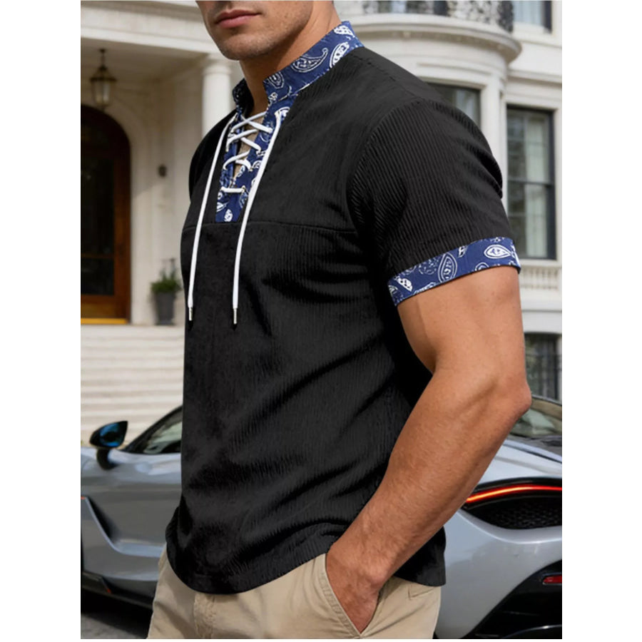 Men’s Full Size Lace-Up Collar T-Shirt Plus Size Apparel and Accessories