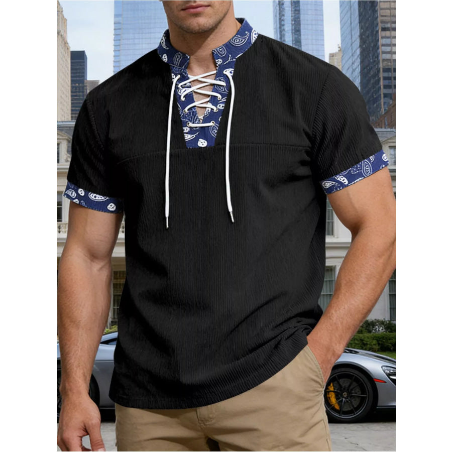 Men’s Full Size Lace-Up Collar T-Shirt Plus Size Black / S Apparel and Accessories
