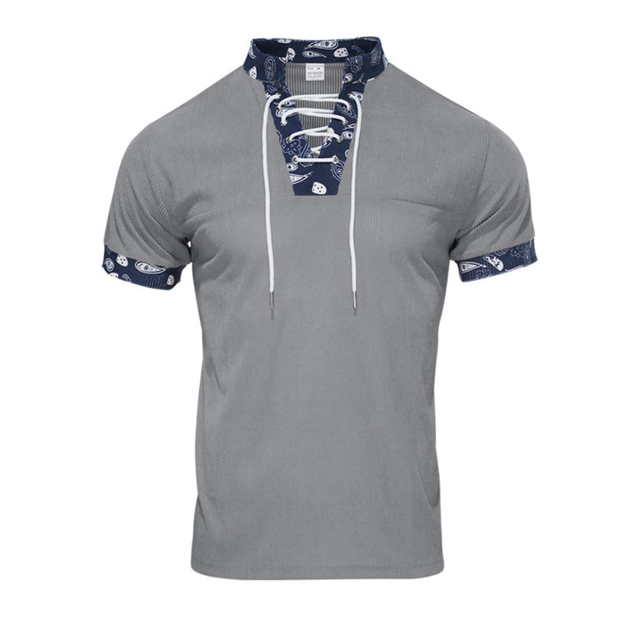 Men’s Full Size Lace-Up Collar T-Shirt Plus Size Grey / S Apparel and Accessories