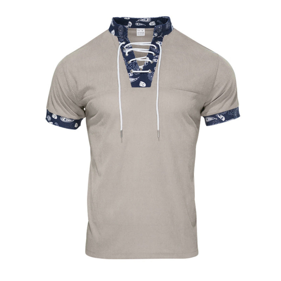 Men’s Full Size Lace-Up Collar T-Shirt Plus Size Khaki / S Apparel and Accessories