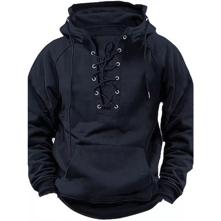 Men’s Full Size Lace Up Front Raglan Sleeve Hoodie Plus Size Black / S Apparel and Accessories