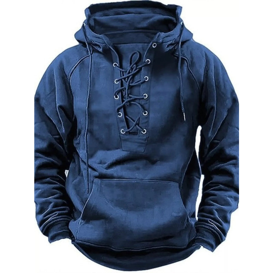 Men’s Full Size Lace Up Front Raglan Sleeve Hoodie Plus Size Blue / S Apparel and Accessories