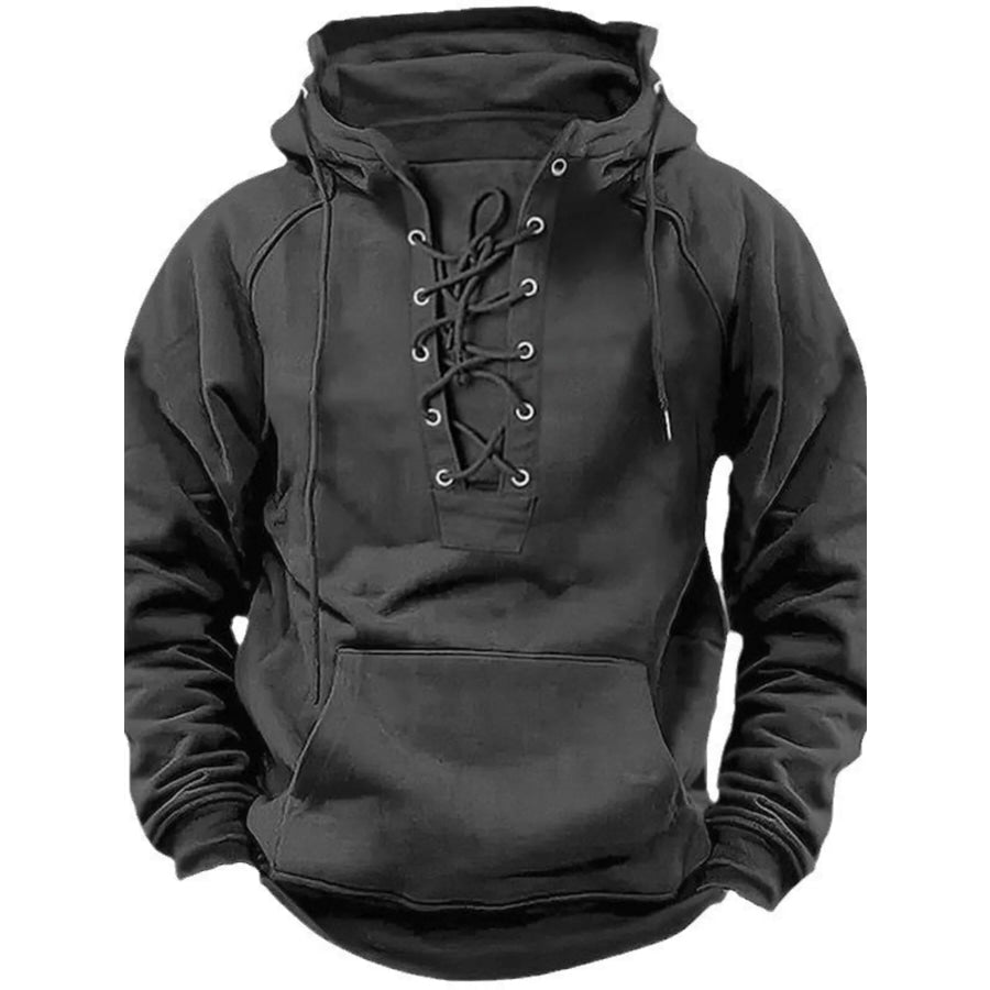 Men’s Full Size Lace Up Front Raglan Sleeve Hoodie Plus Size Gray / S Apparel and Accessories