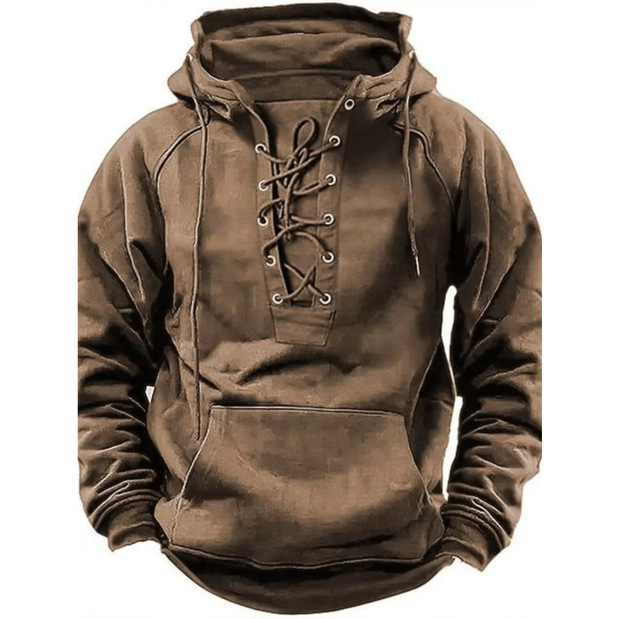 Men’s Full Size Lace Up Front Raglan Sleeve Hoodie Plus Size Khaki / S Apparel and Accessories
