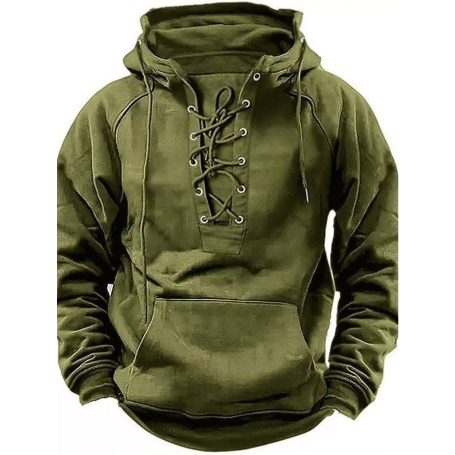 Men’s Full Size Lace Up Front Raglan Sleeve Hoodie Plus Size Military Green / S Apparel and Accessories