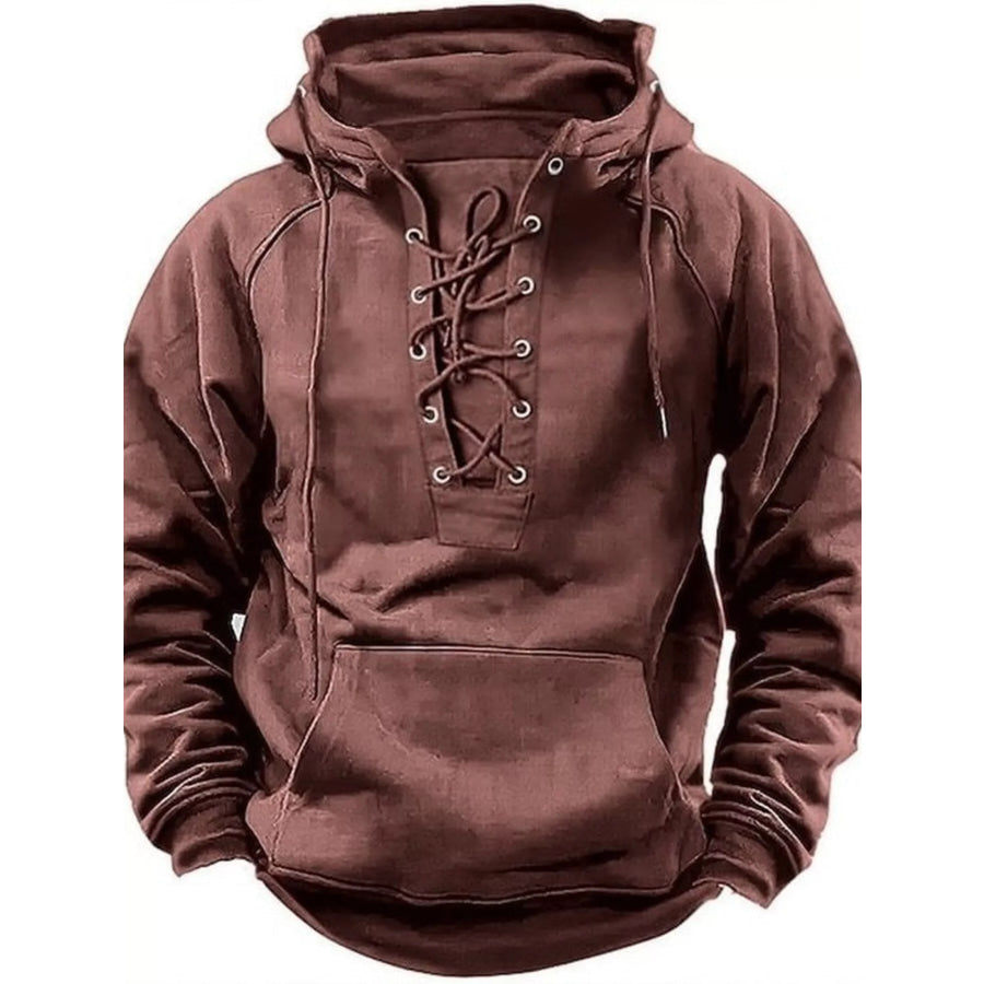 Men’s Full Size Lace Up Front Raglan Sleeve Hoodie Plus Size Rust / S Apparel and Accessories