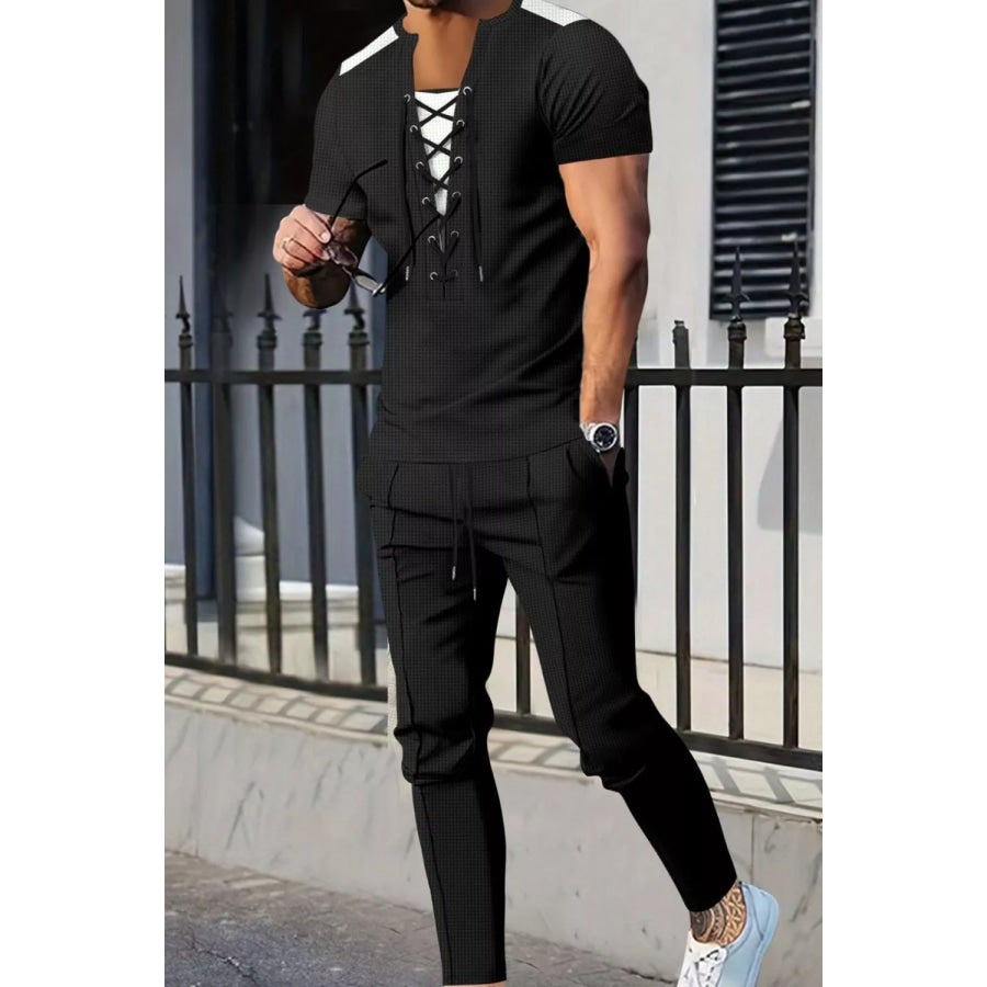 Men’s Full Size Lace-Up Front Top and Pants Casual Set Plus Size Black / S Apparel and Accessories