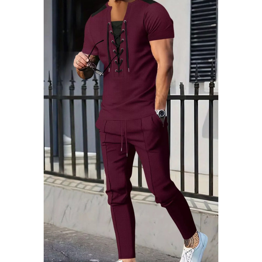Men’s Full Size Lace-Up Front Top and Pants Casual Set Plus Size Burgundy / S Apparel and Accessories