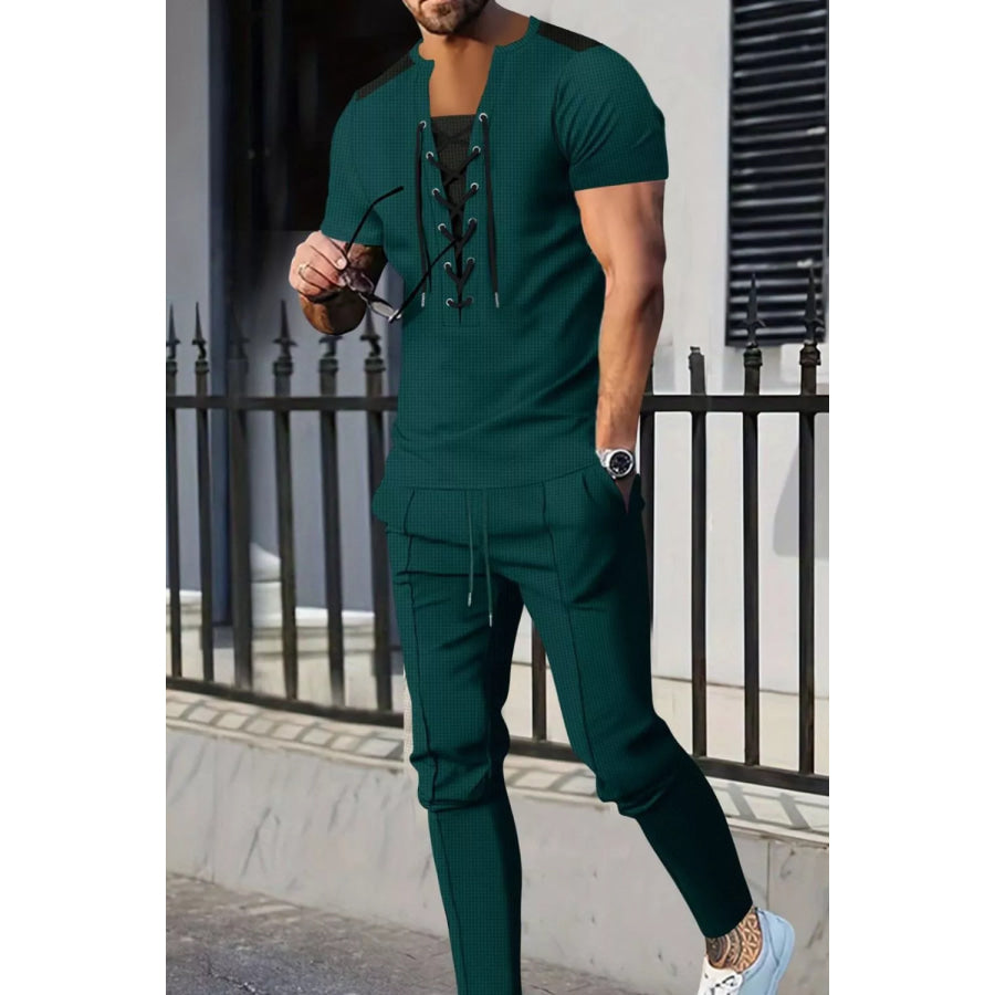 Men’s Full Size Lace-Up Front Top and Pants Casual Set Plus Size Dark Green / S Apparel and Accessories