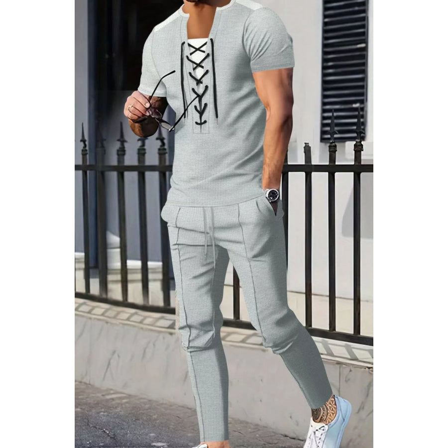Men’s Full Size Lace-Up Front Top and Pants Casual Set Plus Size Grey / S Apparel and Accessories