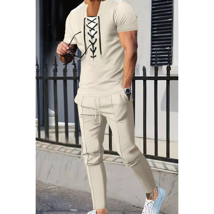 Men’s Full Size Lace-Up Front Top and Pants Casual Set Plus Size Khaki / S Apparel and Accessories