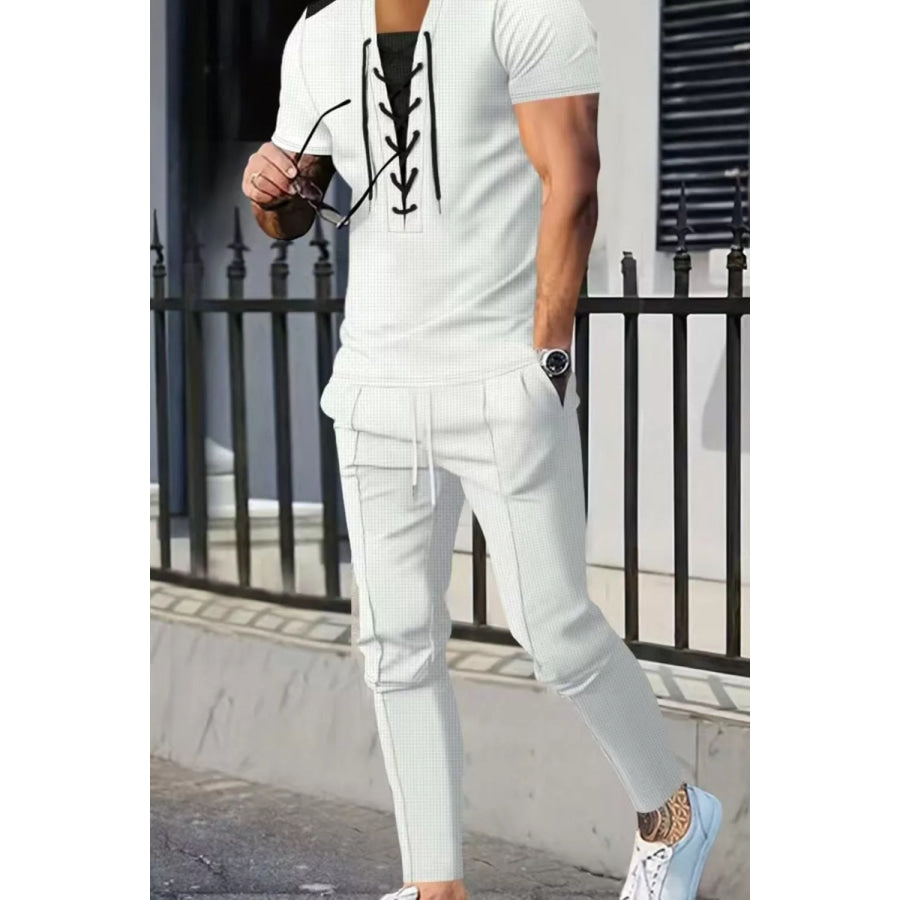 Men’s Full Size Lace-Up Front Top and Pants Casual Set Plus Size White / S Apparel and Accessories