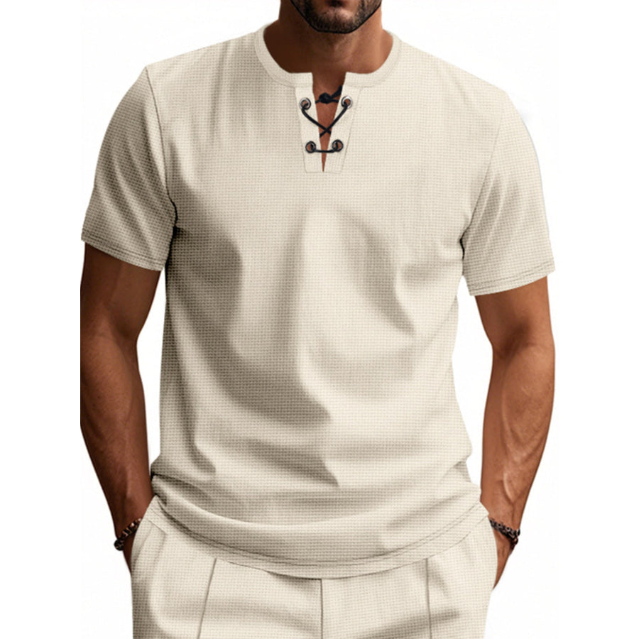 Men’s Full Size Lace-Up Neck T-Shirt Plus Size Apparel and Accessories