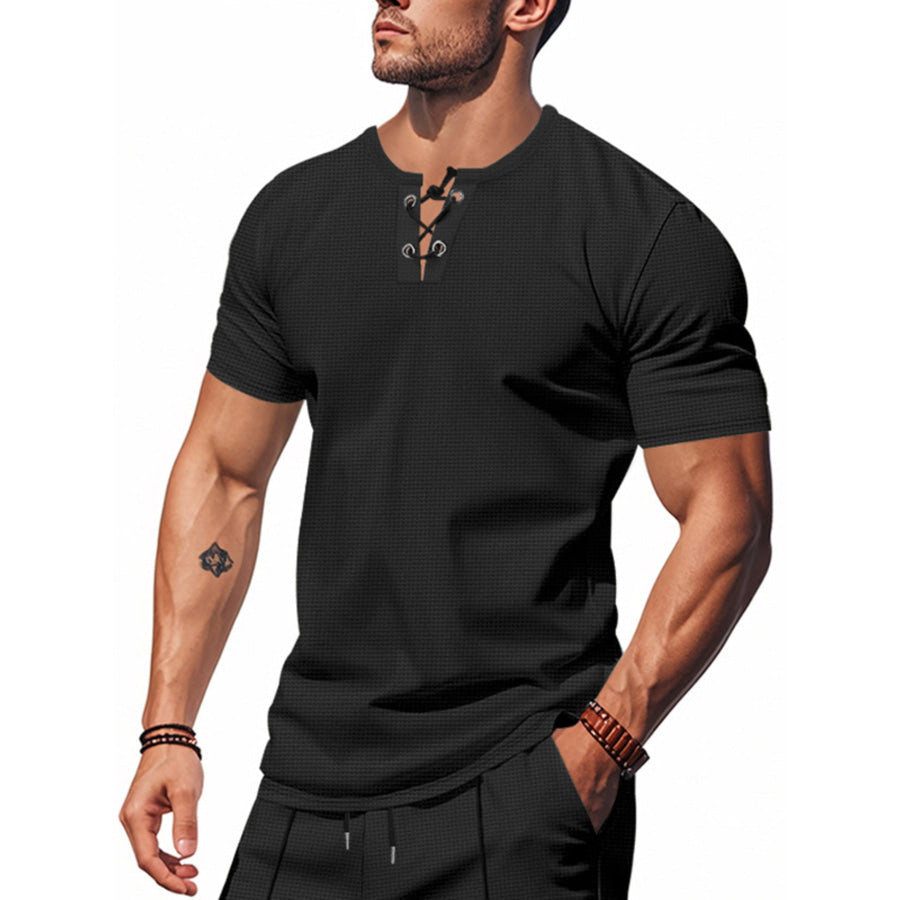Men’s Full Size Lace-Up Neck T-Shirt Plus Size Apparel and Accessories
