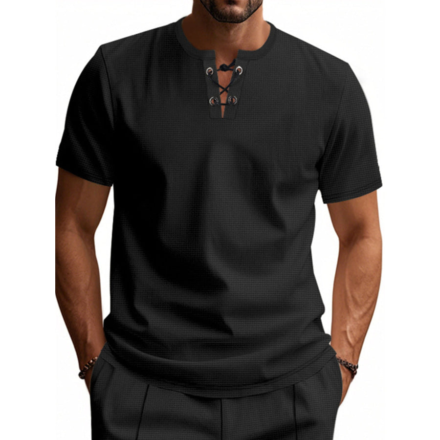 Men’s Full Size Lace-Up Neck T-Shirt Plus Size Black / S Apparel and Accessories