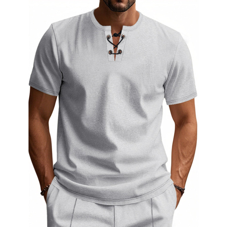 Men’s Full Size Lace-Up Neck T-Shirt Plus Size Light Gray / S Apparel and Accessories